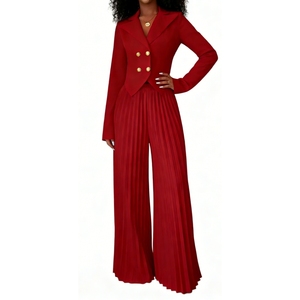 ชุดเซ็ต 2 ชิ้นสำหรับผู้หญิง กางเกงพลีทขายาวทรงกระบอก ชุดสูทครอปกระดุมสองแถว กางเกงขากว้าง ชุดทำงานแฟชั่น - Product Image 6