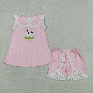 Ensemble 2 pièces rayé rose pour filles, haut à manches courtes avec broderie pastèque et short à volants, tenue d'été en gros - Product Image 6