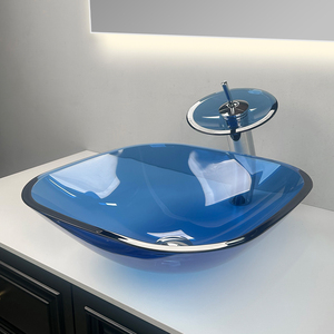 Lavabo de Sobremesa <span class=keywords><strong>Cuadrado</strong></span> de Vidrio Azul BOWEIYA, Lavabo para Baño de Hotel, Lavabo de Sobremesa Personalizado con Lavamanos Personalizado - Product Image 1
