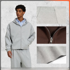 Vêtements pour hommes |   Sweat à capuche court zippé pour homme, coupe carrée, automne et hiver, sweat à capuche tricoté en tissu air-layer de haute qualité - Product Image 2