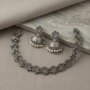 DIVYORO Floral Design Oxidized <b>Silver</b> <b>Choker</b> with Jhumka Earrings Elegant Statement Jewelry Set Designer Fashion Jewelry - Product Image 1