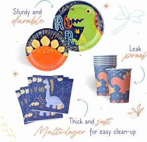 144 Piezas de Artículos para Fiesta de Cumpleaños de Dinosaurios para Niños con Platos, Cuchillos, Cucharas, Tenedores, Vasos y Servilletas para 24 Personas - Product Image 3