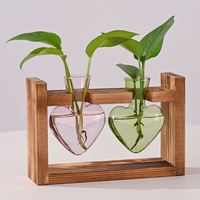 Dropshipping Shopify Vase hydroponique créatif encadré en bois Vase en verre transparent à cœur coloré pour décoration de fleurs à la maison
