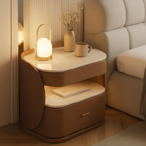 Mesita de noche de madera curvada de lujo con tapa de mármol blanco, un solo fondo y cajón de estante abierto, a precios al por mayor - Product Image 1