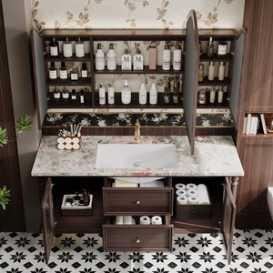 Mobile Bagno in Legno Massello Cinese, Finitura Laccata Moderna Color <span class=keywords><strong>Castagno</strong></span>, Lavabo in Ceramica a Parete, Specchio Smart per Casa - Product Image 5