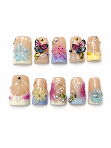 Ongles en gel artisanaux de luxe, style Y2K, rose <span class=keywords><strong>pastel</strong></span> estival, avec fleurs 3D, papillons transparents, strass AB <span class=keywords><strong>et</strong></span> perles, effet éclatant - Product Image 1