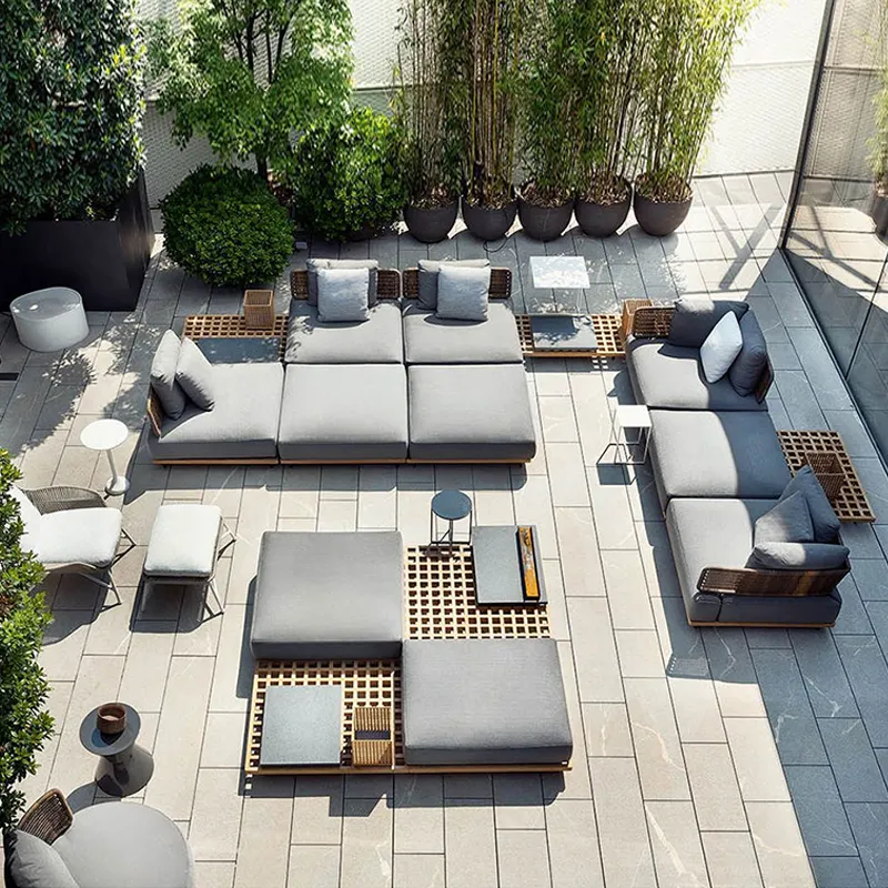 Sofá de jardim minimalista, mobília para o ar livre, sala de estar, conjunto de sofás de madeira de teca, sofá de beira de piscina, conjuntos de rattan em forma de L, jardim