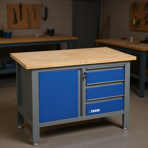 Kit d'assemblage d'établi Fervi avec plateau en bois et tiroirs de rangement bleus pour usage en atelier - Product Image 2