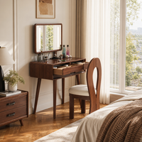 Coiffeuse moderne du milieu du siècle en noyer avec miroir rectangulaire éclairé par LED, 2 tiroirs et chaise – Ensemble table de maquillage