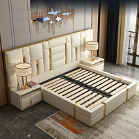 Lit double King moderne de luxe avec intérieur en cuir luxueux, panneau en bois massif, mousse souple pour meubles de chambre à coucher