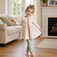 Ensemble tunique pour filles à imprimé lapin, 2 pièces, robe tunique à manches longues + leggings à rayures vertes et blanches avec volants en dentelle, tenue pour la fête de Pâques