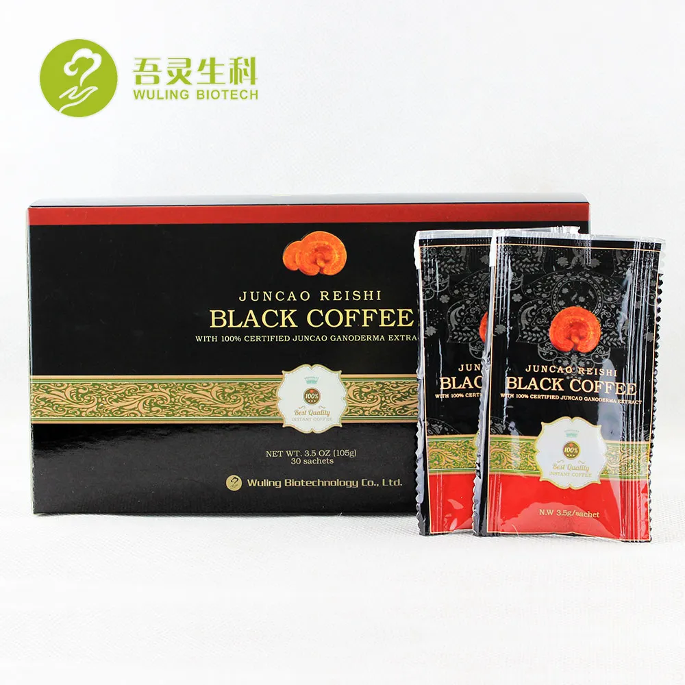 OEM özel etiket sağlıklı çözünebilir kahve organik Reishi mantarı özü anında bitkisel siyah çözünebilir kahve