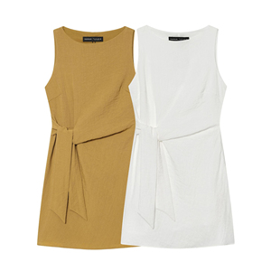 <span class=keywords><strong>Robe</strong></span> fourreau sans manches en mélange coton-polyester avec ceinture à nouer à la taille pour femme, collection 2026, vente en gros OEM/ODM par une usine de vêtements chinoise - Product Image 1