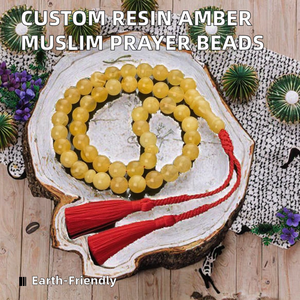 Chapelet musulman en résine ambre de 10 mm, perles de prière en pierre précieuse, tasbih, style fleur fait main, écologique, personnalisable en gros - Product Image 2