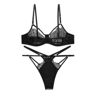 Wholesale Women's <b>Black</b> Lace Lingerie Set Sexy Cut Out Bra and <b>Thong</b> Set French Style Intimates Plus Size Lingerie Set OEM ODM - Product Image 5