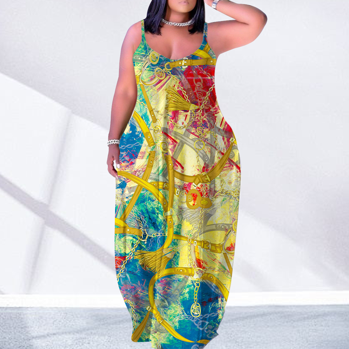 Luxury Chain Printed Spaghetti Strap Dress for Women Summer Maxi Casual  Sleeveless V-Neck Beach Loose Dresses| Alibaba.com