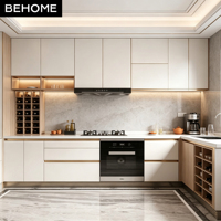 Meubles de cuisine modulaires en L modernes sur mesure, panneaux en bois bicolores mats avec LED pour villa, hôtel, appartement