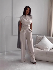 Conjunto de 2 Piezas para <span class=keywords><strong>Mujer</strong></span>, Elegante Top sin Mangas con Cuello Alto y Pantalones Anchos a Juego, Traje Casual para Estar en Casa con Bolsillos - Product Image 3
