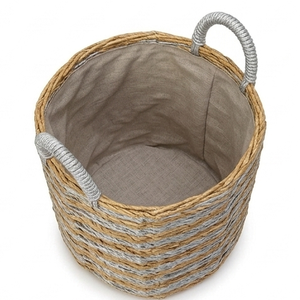 Two Tone Natural Straw Woven Storage Basket Eco Friendly Rattan Planter Pot Cover Laundry <b>Hamper</b> With Handles For Home Decor - Product Image 3