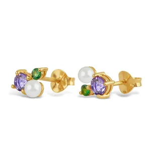 Gemnel trend gold plated Trilogy diamond shell pearl Studs Earrings