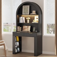 Modern zwart gebogen hoge bureau met bovenkast, 2 laden, LED-verlichting en open planken voor kleine ruimtes