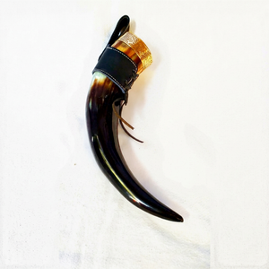 Handmade Natural Viking <b>Drinking</b> <b>Horn</b> Carved with Brass Moulding and Leather Holster Vintage Craft - Product Image 1
