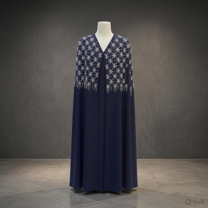 Abaya en satin bleu marine ornée de fleurs argentées, coupe évasée - Product Image 2