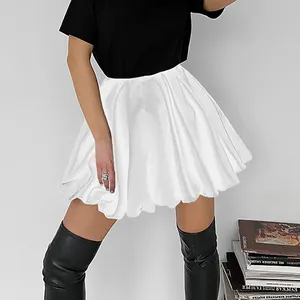 来样定做新款时尚高腰迷你裙女式休闲白色黑色花蕾图图短裙缎面修身百褶裙