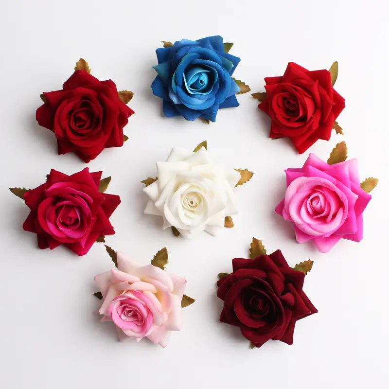 Surtido de flores rosas de terciopelo de 6cm para boda, cabezas de flores artificiales, Rosa floreciente para decoración de corona de sombrero