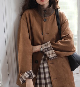 Giacca Autunnale Vintage da Donna, <span class=keywords><strong>Trench</strong></span> <span class=keywords><strong>Marrone</strong></span> Monopetto con Decorazione in Pelliccia di Coniglio, Tessuto Scamosciato Traspirante - Product Image 4