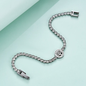 Pulsera de cadena empalmada con incrustaciones de circonita europea americana de 3 mm, de acero inoxidable, con árbol de la vida redondo de 10 mm para mujer - Product Image 4