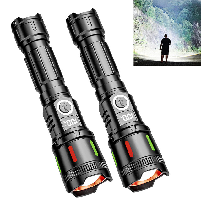 LED Tactical Flashlights Rechargeable Aluminum Alloy IP54 Waterproof 4 Modes LCD High Lumen Zoom Flashlight for Camping