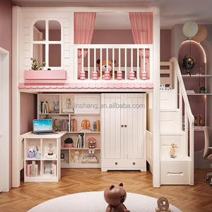 JS мебель новый дизайн детский дом кровать принцесса балдахин кровать мебель для спальни деревянная кровать Лофт с выдвижными столами и лестницей для хранения - Product Image 1