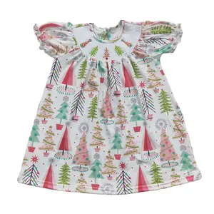 RTS Baby Girls Wholesale Short Sleeve Christmas Colorful Tree Smocked Designs Round Neck Knee Length Boutique Children Dresses