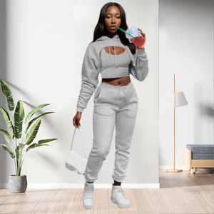 Solid Color Pockets <b>Thin</b> <b>Hoodie</b> Sport Joggers Two Piece Pants Set Women Fashion - Product Image 2