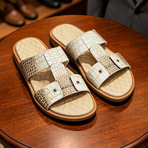 Sandalias de Verano para Hombre, de Piel Genuina con Estampado de Cocodrilo, Punta Abierta, Suela de EVA Antideslizante - Product Image 1