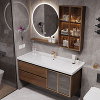Ensemble de meuble-lavabo mural moderne en MDF laqué noyer avec miroir intelligent intégré et vasque en céramique