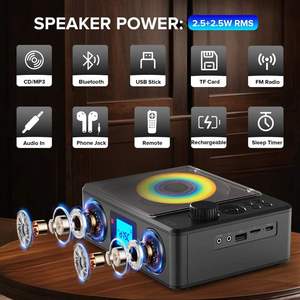 Lecteur <span class=keywords><strong>CD</strong></span> Bluetooth haute puissance avec <span class=keywords><strong>radio</strong></span> FM, entrée USB, carte TF, entrée AUX, lecteur <span class=keywords><strong>CD</strong></span> stéréo rétro rechargeable pour la maison, la bibliothèque, un cadeau - Product Image 2