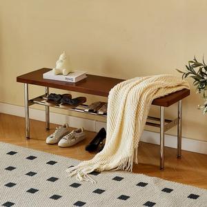 Banco de Madera Maciza con Tejido de Ratán, Estructura de Acero Inoxidable, para Hogar, Dormitorio, Sala de Estar - Product Image 4