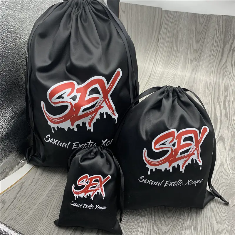 Custom Black Silk Sexy Lingeries Drawstring Bags Satin Bags for Sex Toys