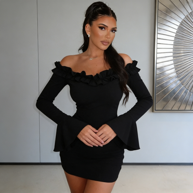 Korean Style Off Shoulder Dress for Women Ruffled Bell Sleeve Bodycon Dress Sexy Slim Fit Base Layer for Fall & Winter| Alibaba.com Korean Style Off Shoulder Dress for Women Ruffled Bell Sleeve Bodycon Dress Sexy Slim Fit Base Layer for Fall & Winter| Alibaba.com