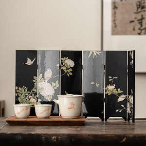 Modern Chinese Style Folding <b>Screen</b> Black Ink Bird And Flower Design Movable Room Divider Tea Ceremony Decor - Product Image 3
