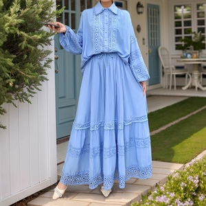 Middle East Muslim Women's Lace Splicing <b>Bubble</b> Sleeve <b>Top</b> Hem Hem Skirt 2 Piece Set Fashion - Product Image 1