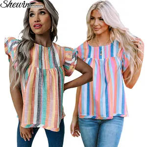 Cheap Summer Tops Multicolor Striped Tiered Ruffle Cap Sleeve Cute Women Tops Fashionable