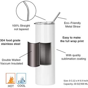 Vasos delgados para sublimación de 30 oz, de metal, con pajita, doble pared, de acero inoxidable, blancos, para viaje, con tapa, con aislamiento al vacío. - Product Image 2