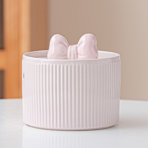 Ceramic Makeup Organizer With Pink Bow Lid Large Capacity Storage Jar For Beauty Products Desk Decor - Product Image 1