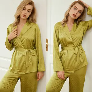 Comfortable long sleeve sleepwear japan style 2 PCS of pajamas Female Soild Silk Like Satin Pajamas High Quality Women sleepwear