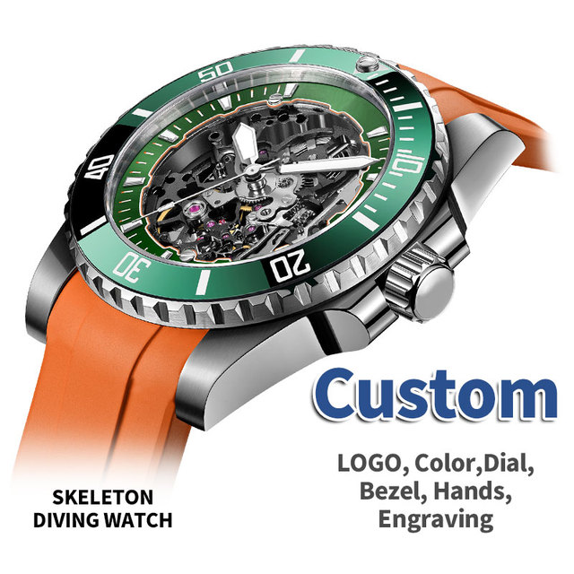 Custom Skeleton Diving Watch Men Automatic Mechanical 42mm Stainless Steel Case Orange Rubber Green Bezel Luminous waterproof