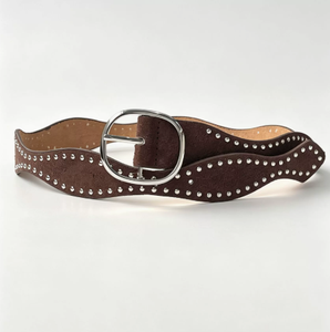Ceinture rétro en cuir suédé marron doux, bord ondulé unique, petites clous argentés, boucle vintage en alliage ovale, largeur 3,8 cm, classique - Product Image 3