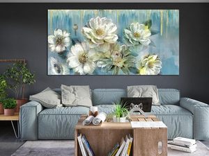 Quadro su Tela con Fiori di Magnolia Bianchi, Stampa UV a 12 Colori, Arte Moderna <span class=keywords><strong>Turchese</strong></span>, Decorazione Murale Originale per Bagno, Camera da Letto, Sala da Pranzo - Product Image 1
